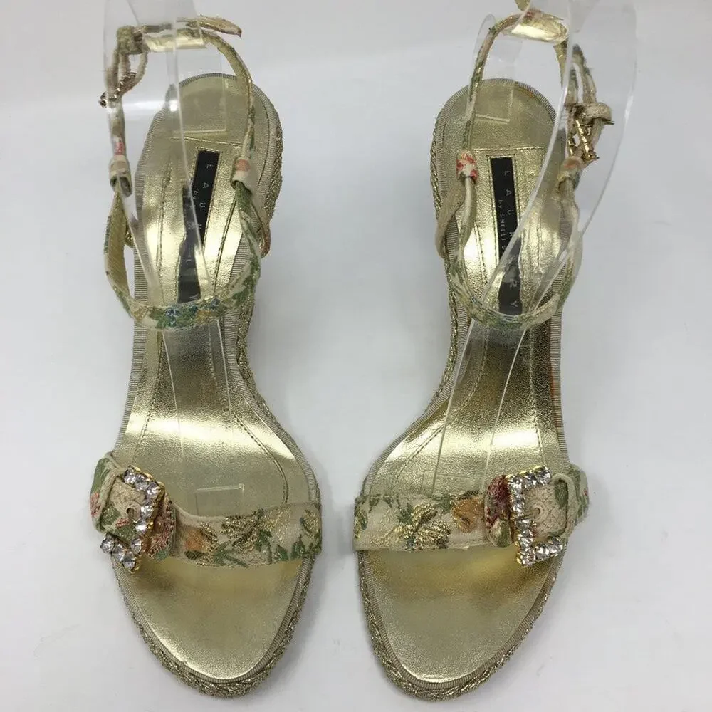 laundry by Shellli Segal Gold Floral Wedges 9.5